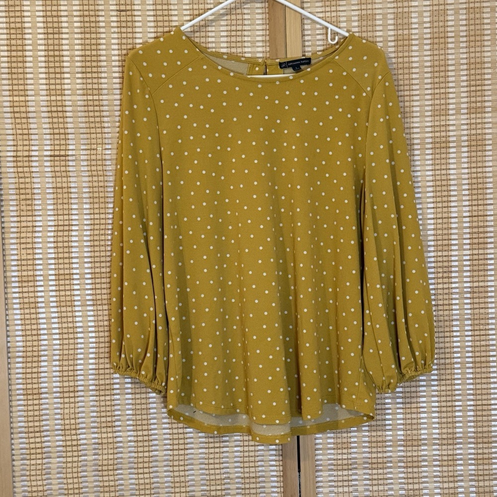 Adrianna Papell Womens‎ L Top Mustard Polkadot Long Ballon Sleeves Career Office
